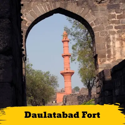 Image of Daulatabad fort with text overlay stating 'Trimbakeshwar ', showing it's included in our sightseeing taxi service package