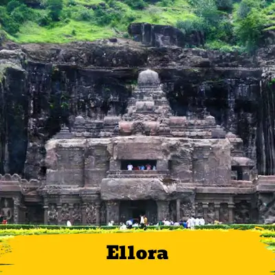 Image of Ellora caves with text overlay stating 'ajanta caves', showing it's included in our sightseeing taxi service package