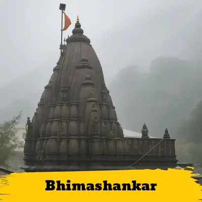 Image of Bhimashankar Temple with text overlay 'Shani Shingnapur', indicating it's available in our outstation taxi service package