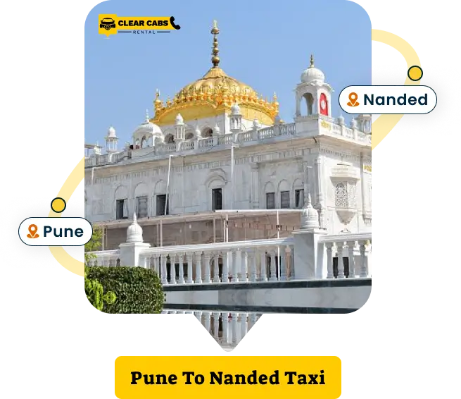 Image of nanded Sachkhand Sri Hazur Sahib Temple with added text highlighting taxi service from Pune to nanded for client reference